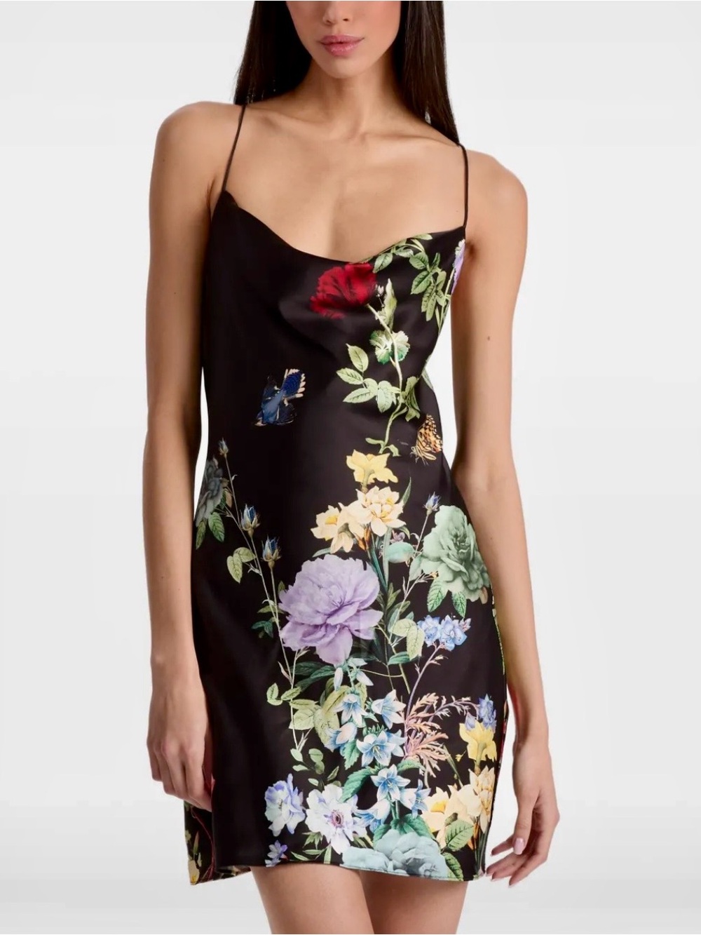 NWT Alice + Olivia Harmony Floral Cowl Back Satin Mini Slip Dress Black Size 10